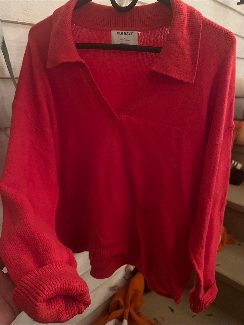 Old Navy Women's Bright Red Collared V-Neck Sweater